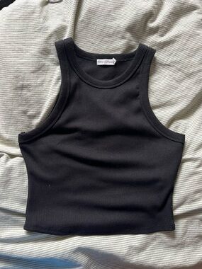 Avec Les Filles Black Ribbed Cropped Tank Top